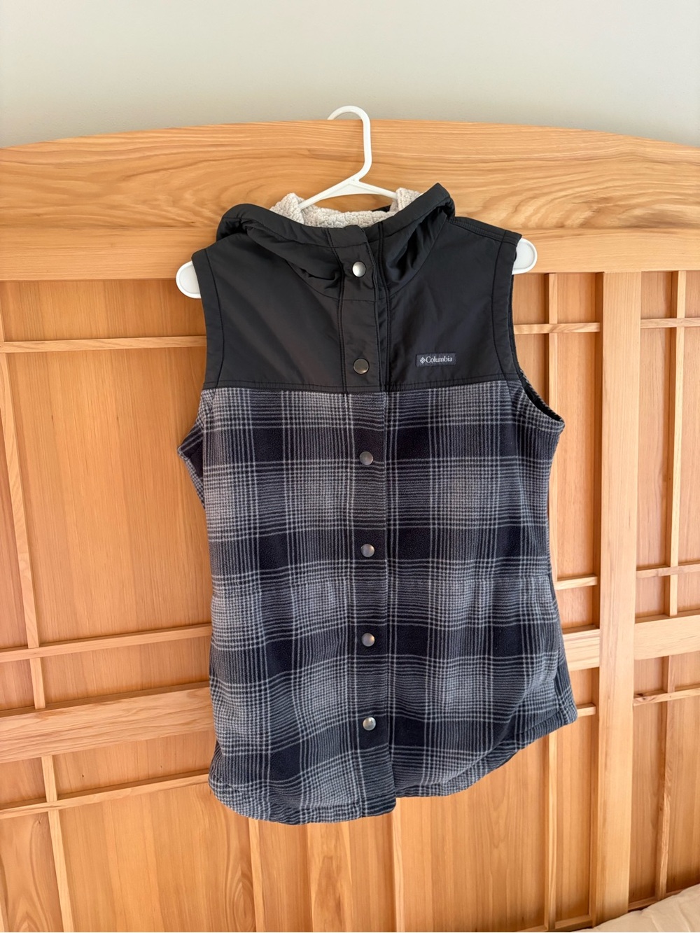 Columbia Black and Gray Plaid Fleece Vest with Hood